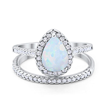 Teardrop Bridal Engagement Ring Lab Created White Opal 925 Sterling Silver